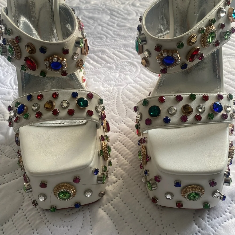 Colorful Gem-Studded White Platform Heels - Picture 4 of 4